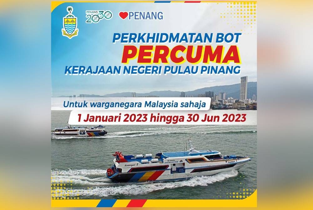 Kerajaan Negeri Pulau Pinang menyambung penajaan program feri percuma selama enam bulan pada tahun depan iaitu bermula esok hingga 30 Jun 2023.