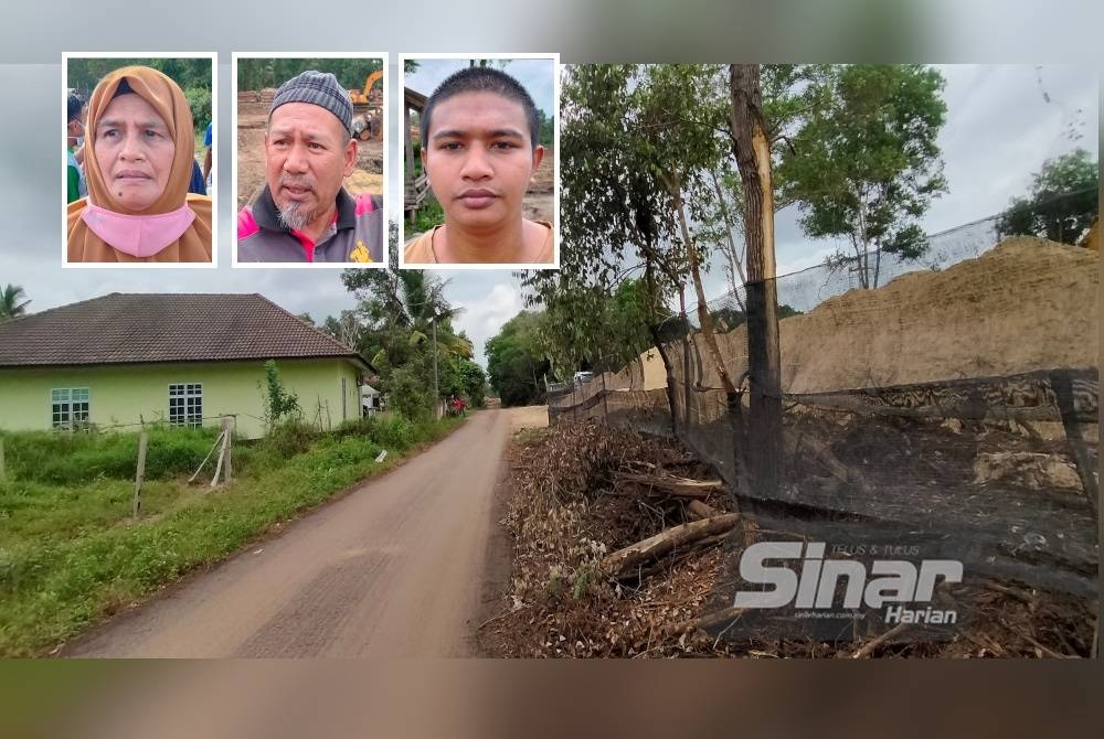 Lokasi tapak pengumpulan pasir yang didakwa tidak sesuai kerana terletak terlalu hampir dengan rumah penduduk. Gambar kecil: Rokiah, Zahari, Wan Nazrirul