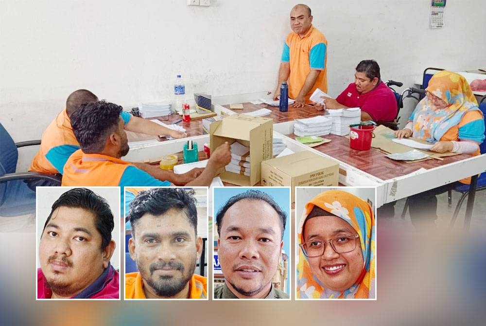 Rutin harian pekerja PPOC meletakkan gam dan melipat sampul surat dalam menyiapkan tempahan di bengkel PPOC. Gambar kecil dari kiri: Hairul, S Gurunathan, Fhami, Nur Syaqeera