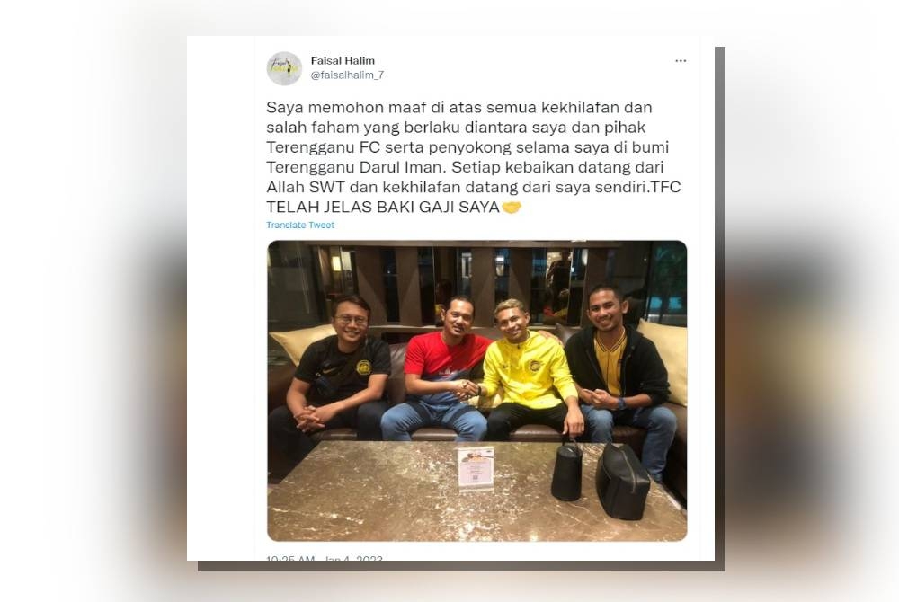 Tangkap layar kenyataan Faisal yang dimuat naik di laman sosialnya pada Rabu.