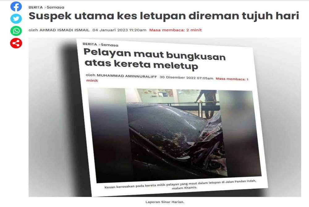 Laporan Sinar Harian pada Rabu.