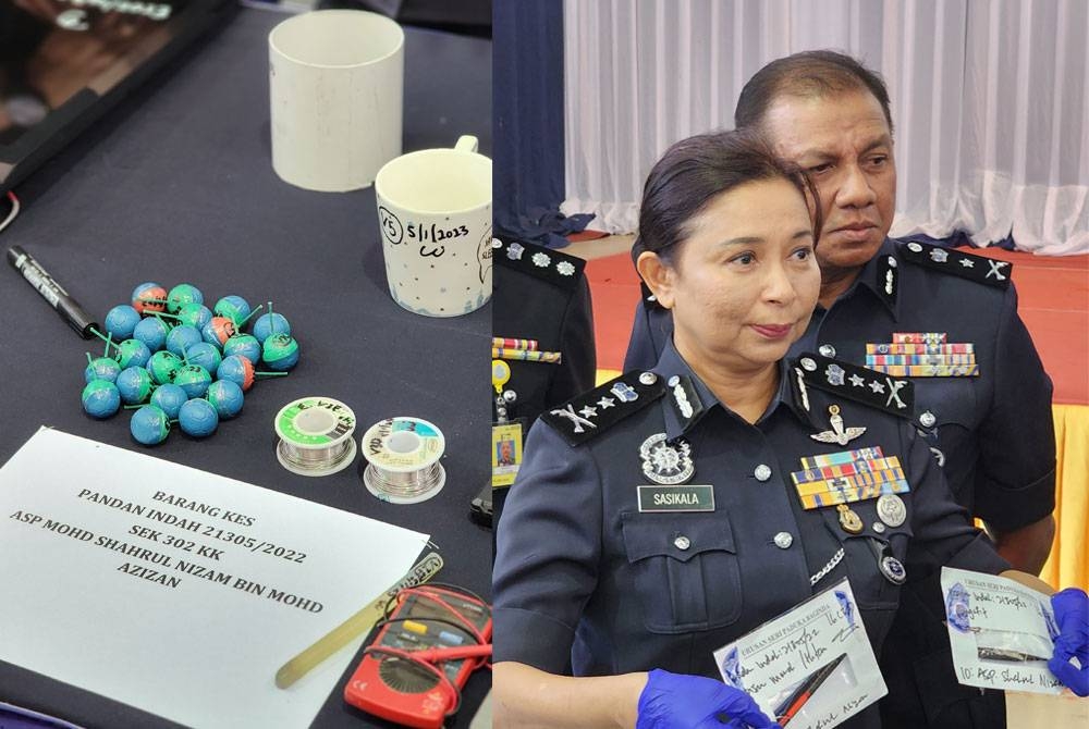 Antara bahan yang dirampas dipercayai digunakan untuk membuat bom (gambar kiri). Sasikala menunjukkan antara barang yang dirampas (gambar kanan).