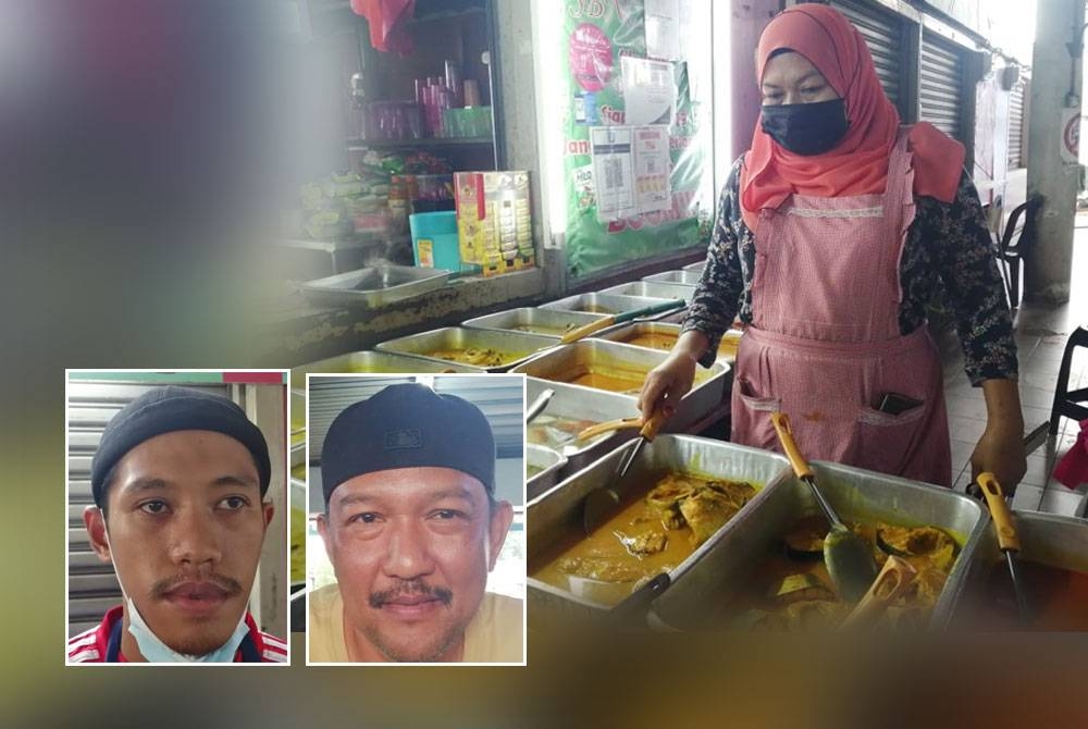 Sahratun memakai pelitup muka sewaktu mengendali makanan di kedai. Gambar kecil dari kiri: Muhammad Faizul, Mohd Izuddin