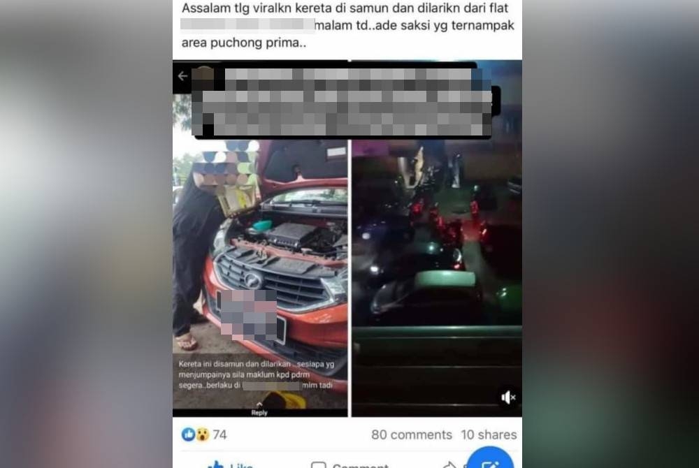 Tangkap layar kejadian tular mengenai kes melarikan sebuah kereta jenis Perodua Myvi di sebuah kawasan parkir pangsapuri, di Petaling Jaya pada Khamis.