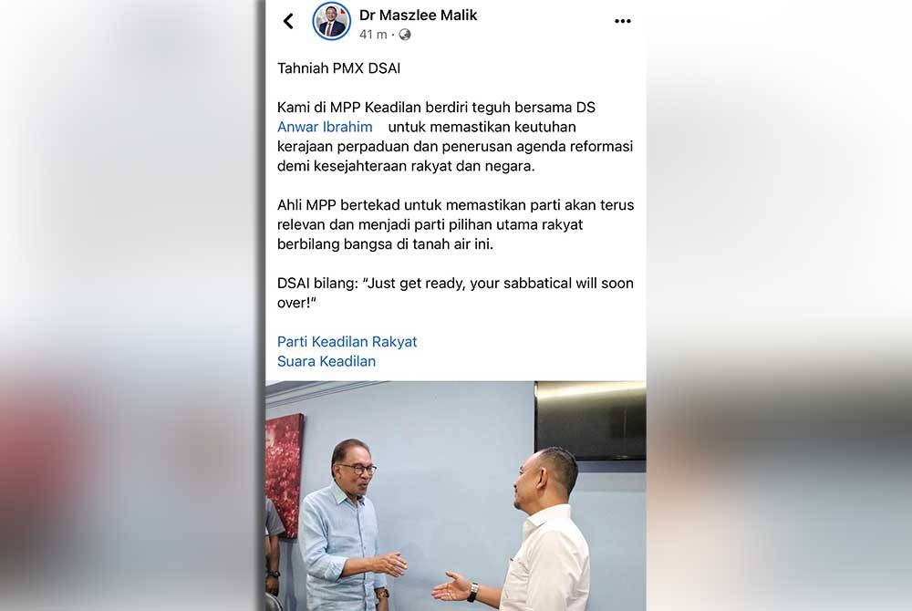 Hantaran Facebook Maszlee pada Sabtu.