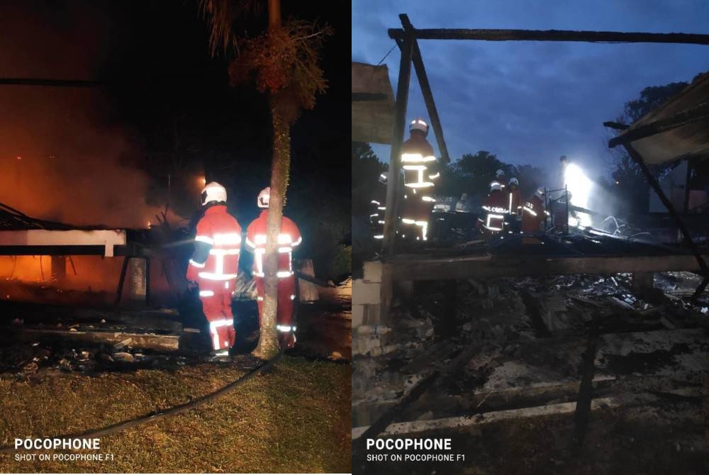 Kebakaran di sebuah bangunan lama yang dijadikan tempat tinggal lima keluarga di Kampung Pemuda Jaya, Jalan Seelong-Senai, Kulai, pada Isnin.