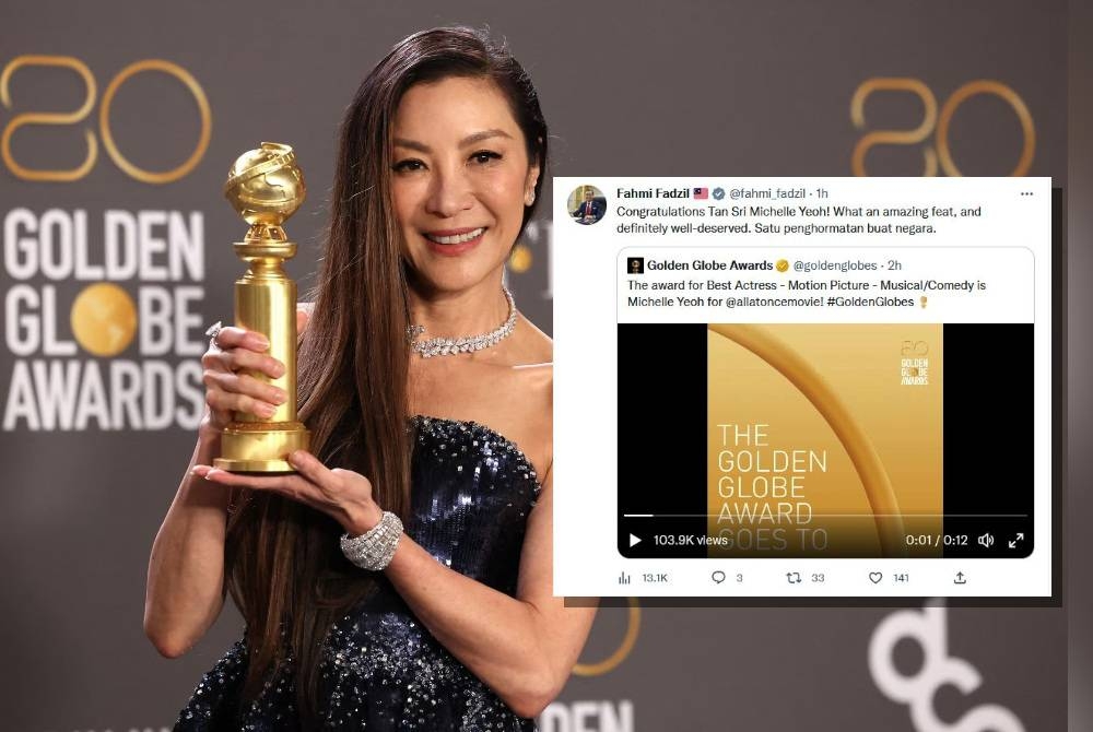 Michelle Yeoh bergambar bersama trofi anugerah Pelakon Wanita Terbaik dalam Filem Muzikal atau Komedi untuk &#039;Everything Everywhere All at Once&#039; pada Anugerah Golden Globe Tahunan ke-80 di Beverly Hills, California. - Foto Reuters. Tangkap layar ucapan tahniah di Twitter Fahmi Fadzil pada Rabu