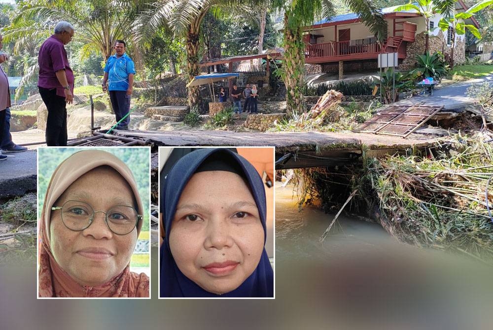 Salah sebuah jambatan yang menghubungkan rumah penduduk rosak akibat arus deras Sungai Rias di Kampung Sahom, Kampar. Gambar kecil dari kiri: Norila, Nasruliyati