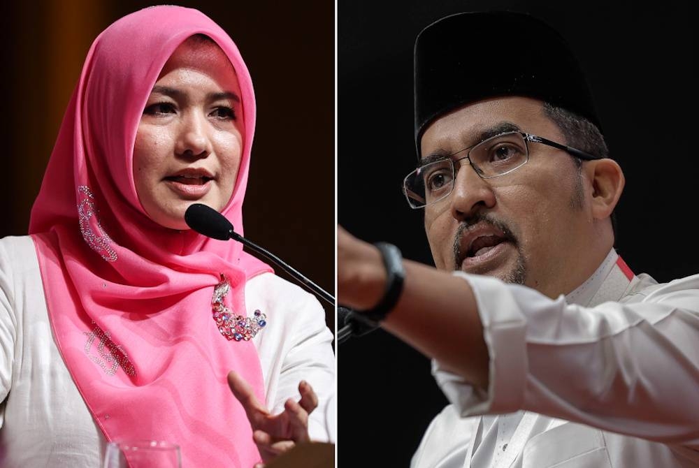 Zahida Zarik dan Asyraf Wajdi ketika menyampaikan ucapan pada Perhimpunan Agung Pemuda UMNO di Dewan Merdeka, WTCKL pada Khamis.