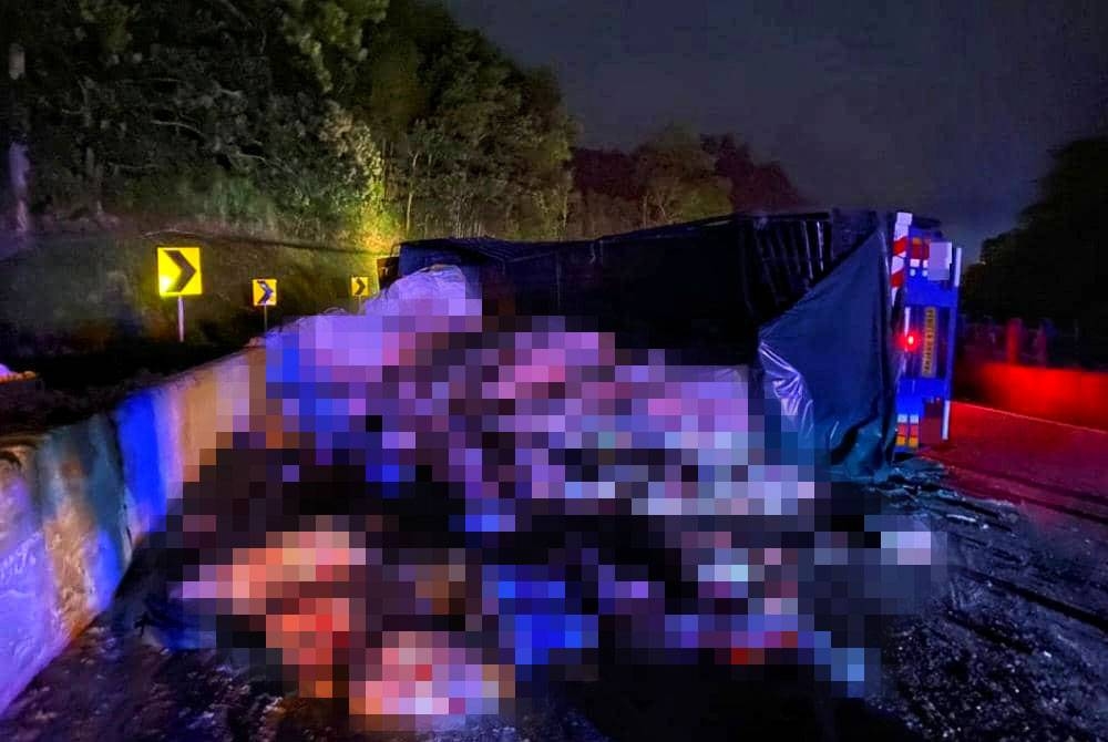 Keadaan treler membawa muatan gula pasir yang terbabit dalam kemalangan di KM43 Lebuhraya Kuala Lumpur-Karak pada Khamis. - Foto PDRM