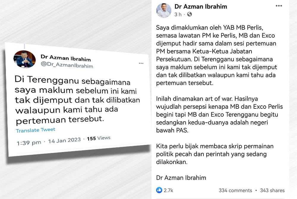 Gambar kiri: Ciapan Dr Azman di laman twitternya pada Sabtu. Tangkap layar hantaran dari laman Facebook Dr Azman yang dimuat naik pada Sabtu.