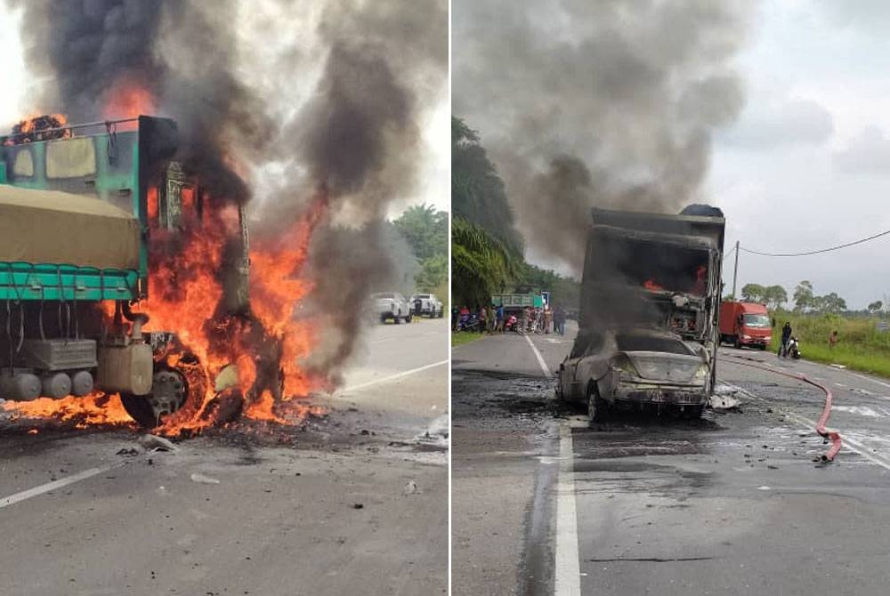 Keadaan kemalangan libatkan sebuah kereta dan lori di KM28 Jalan Jerantut-Temerloh, Kuala Krau berhampiran jalan utama Kampung Dato Sharif Ahmad pada Sabtu.