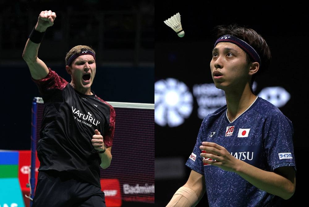 Axelsen meraikan kejayaan mara ke final Terbuka Malaysia 2023 di Axiata Arena pada Sabtu. - Foto Bernama (Gambar kiri: Naraoka)