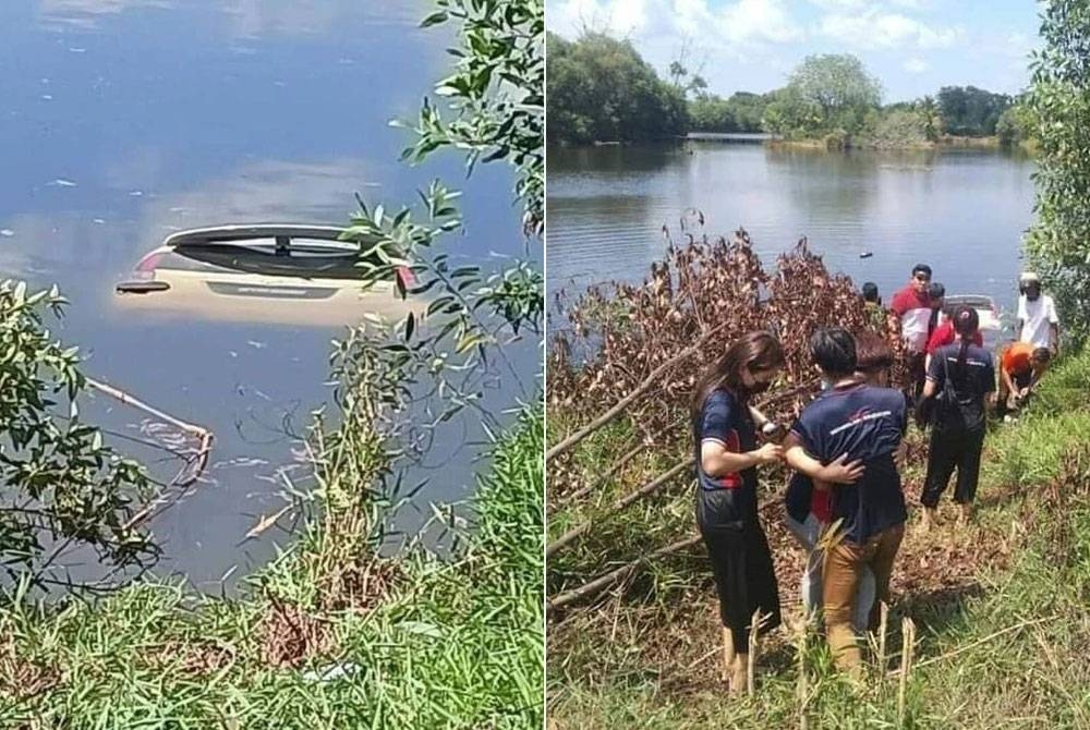 Kejadian kereta terbabas dan terjunam ke dalam tasik di Jalan Bukit Pasir, Batu Pahat pada Selasa. - Foto media sosial