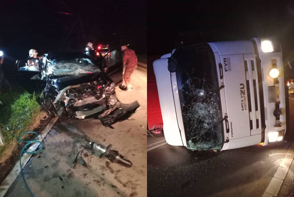 Keadaan kenderaan yang terlibat kemalangan di Kampung Kecil, Bukit Kepong menghala ke Labis pada malam Selasa.