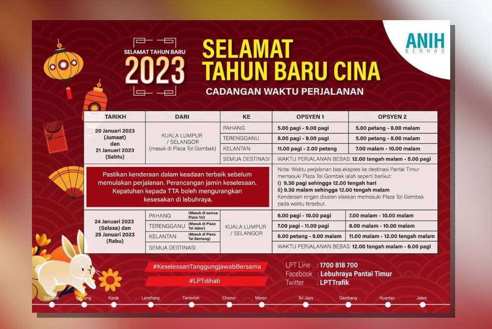 Cadangan waktu perjalanan yang dikeluarkan Anih Berhad bagi mengurangkan kesesakan sepanjang tempoh cuti Tahun Baharu Cina kali ini.