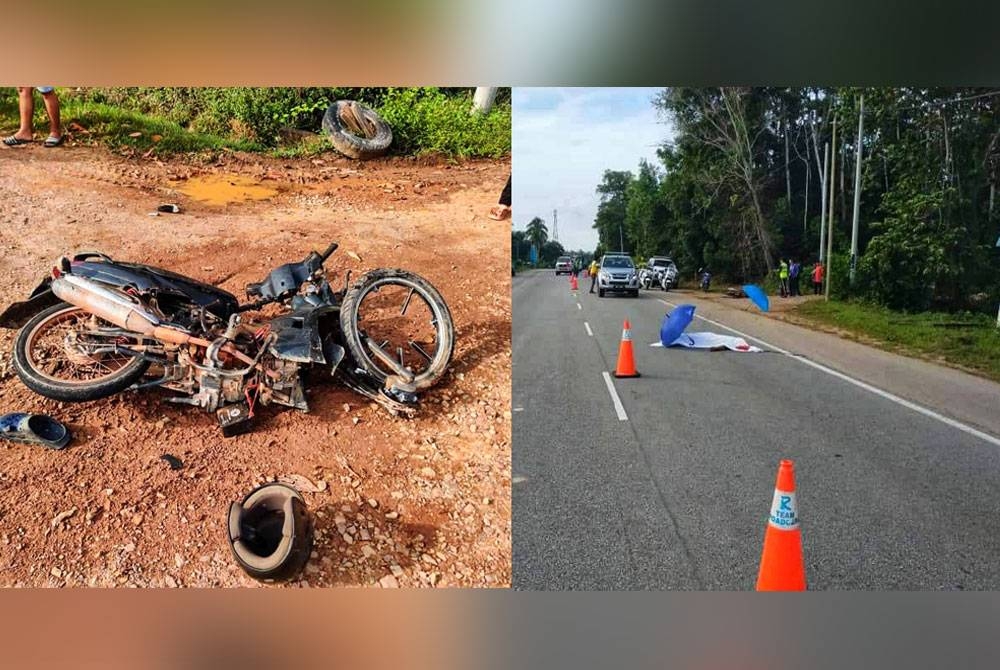 Keadaan motosikal yang ditunggangi mangsa remuk akibat kemalangan tersebut (kiri). Seorang lelaki maut selepas motosikal ditungganginya terbabit dalam kemalangan di KM11 di Jalan Jerantut-Temerloh berhampiran Desa Murni pada Khamis.