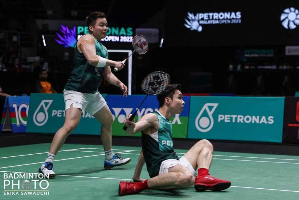 Aaron Chia-Soh Wooi Yik mara ke suku akhir Terbuka India 2023 selepas menewaskan beregu Taiwan. - Foto Badminton Photo