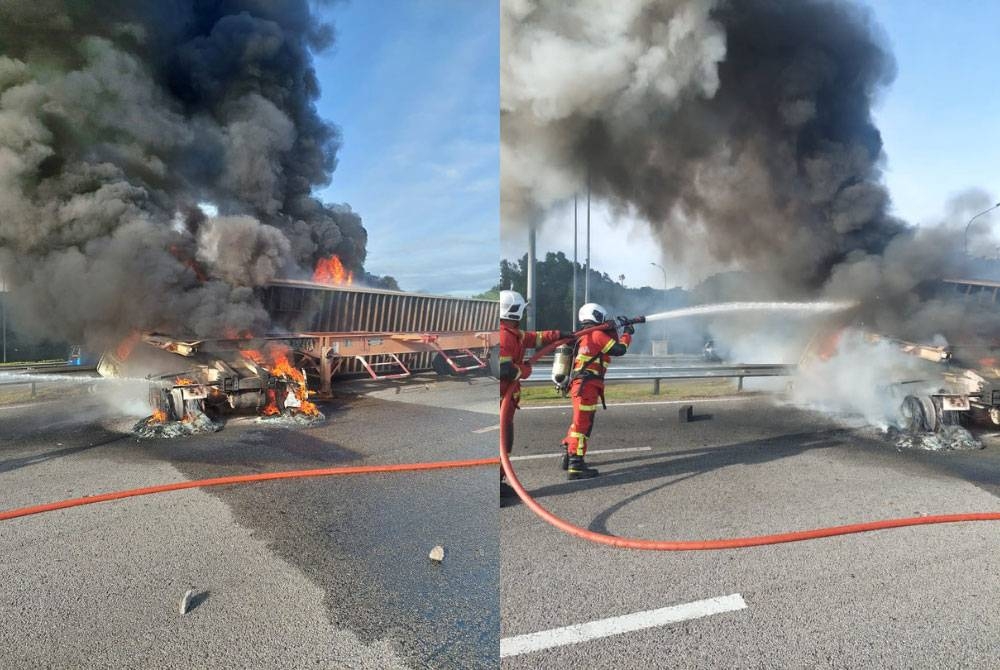 Keadaan lori kontena yang terbakar di KM 259.6 Lebuhraya Utara-Selatan (PLUS) arah Selatan. - Foto ihsan bomba Gambar kanan: Bomba memadam kebakaran lori kontena. - Foto ihsan bomba