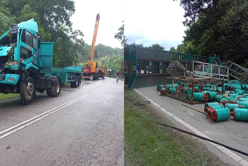 Lori dan tong gas telah dialihkan sepenuhnya kira-kira jam 5.30 petang dalam kemalangan di Kilometer 17 Jalan Bahau-Rompin tengah hari Isnin. - Foto PDRM