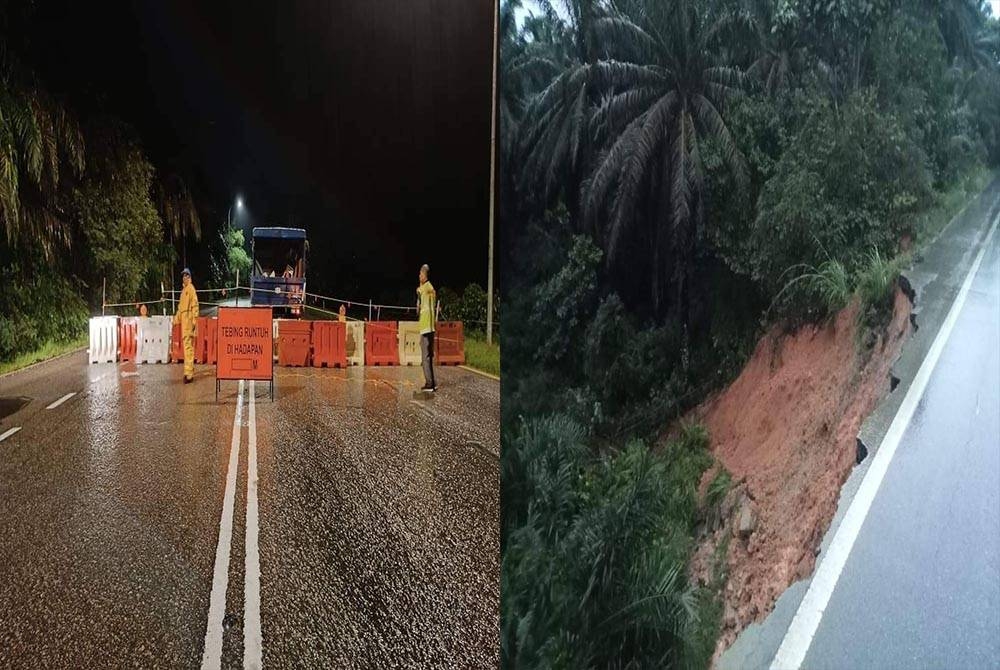 Laluan Sungai Tiram-Ulu Tebrau di Kulai ditutup akibat tanah runtuh. (Gambar kanan :) Keadaan tanah runtuh di laluan Sungai Tiram- Ulu Tebrau di Kulai. - Foto tular