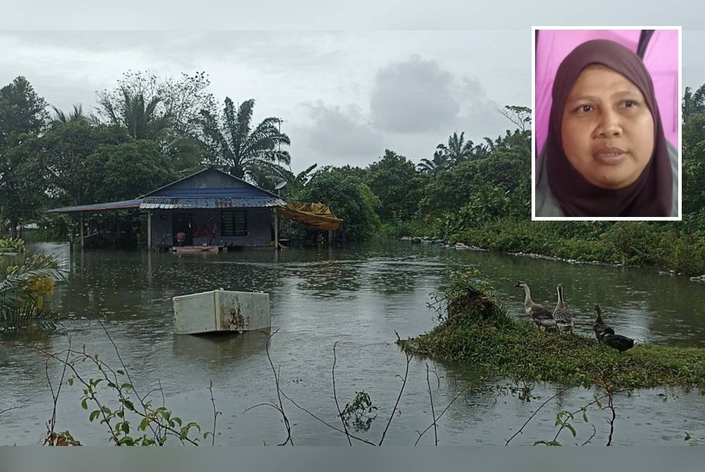 Keadaan rumah penduduk di Kampung Perpat yang terjejas akibat banjir yang berlaku pada Rabu. (Gambar kecil: Samsiah)