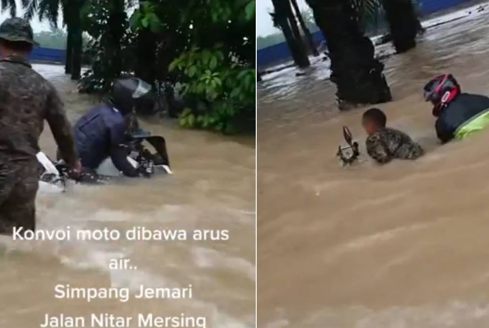 Tangkap layar video tular motosikal berkuasa tinggi yang nyaris dihanyutkan banjir di Jalan Nitar, Mersing pada Rabu.