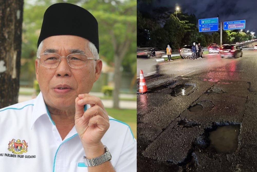 Hassan Abdul Karim (Gambar kanan : Keadaan Lebuh Raya Pasir Gudang yang rosak teruk dari arah Perking ke Pasir Gudang dan susur ke Jalan Tebrau memerlukan kerja-kerja menaik taraf dengan segera)