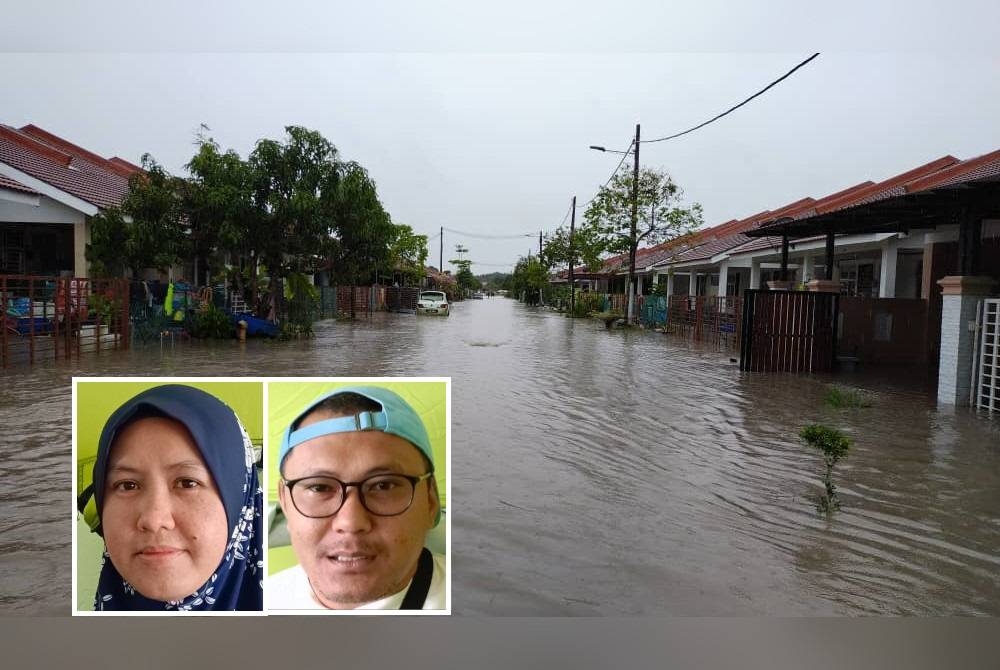 Keadaan banjir di Taman Desaru Utama, Kota Tinggi yang dinaiki banjir sejak Selasa. Gambar kecil: Sabrina Wati Sabran, Mohd Azmee