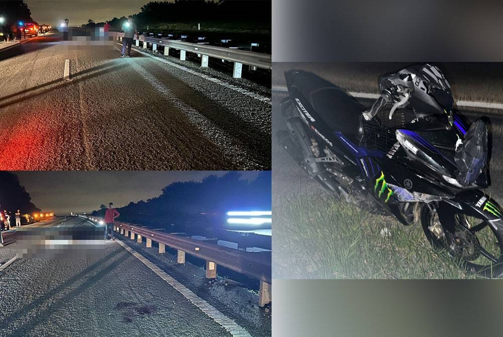 Lelaki maut dalam kejadian awal pagi Ahad di Kilometer 26.8 Lebuh Raya Seremban-Port Dickson. Keadaan motosikal mangsa - Foto PDRM