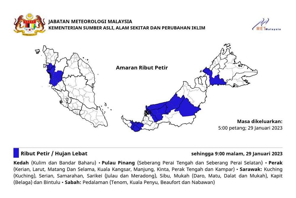 MetMalaysia mengeluarkan amaran ribut petir, hujan lebat dan angin kencang di lima negeri. - Foto FB MetMalaysia