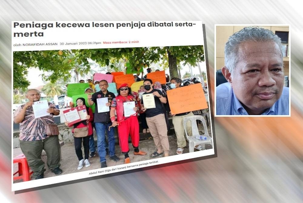 Laporan Sinar Harian pada Isnin mengenai 10 peniaga di Pusat Penjaja Bergerak, Pantai Saujana, Batu 4, Jalan Pantai yang melahirkan rasa kecewa apabila pihak berkuasa tempatan (PBT) membatalkan lesen penjaja tahunan mereka. Gambar kecil: Mohd Zamri