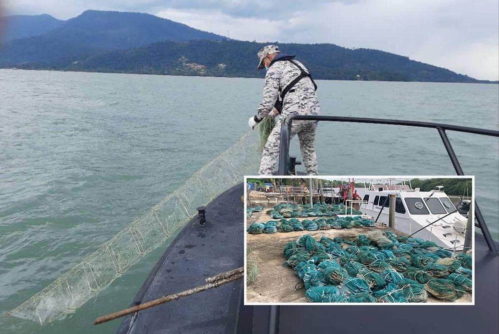 Anggota Maritim menarik keluar bubu naga yang di pasang di perairan Pantai Murni hingga ke perairan Tanjung Dawai, Kedah pada Isnin. - Foto: Maritim Malaysia (Gambar kecil: Kesemua bubu naga yang dirampas adalah dianggarkan bernilai RM36,000 dibawa ke Jeti Zon Maritim Kuala Kedah untuk siasatan di bawah Seksyen 11(3)(c) Akta Perikanan 1985.)