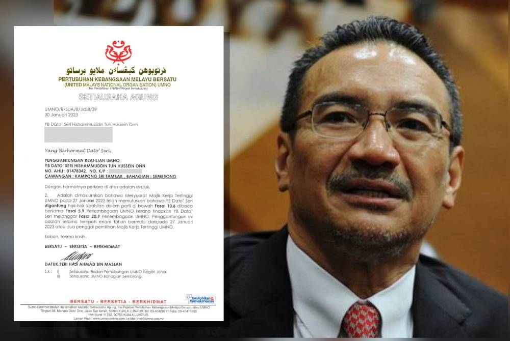 Surat rasmi berhubung tindakan penggantungan keahlian UMNO terhadap Hishammuddin selama enam tahun.