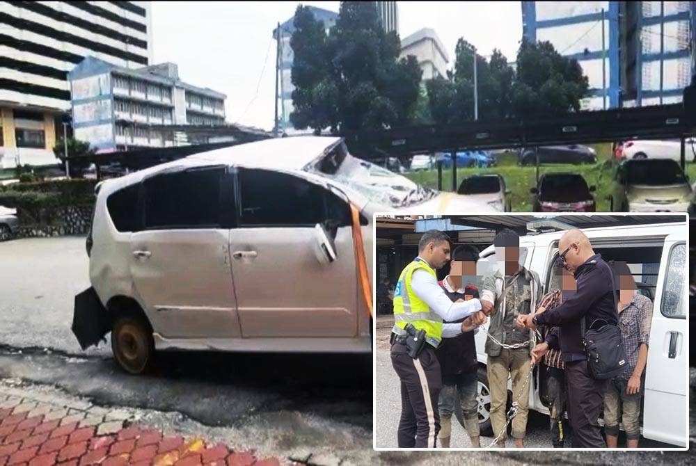 Kenderaan jenis Perodua Alza yang dirampas untuk siasatan kes penyeludupan PATI. (Gambar kecil : Rondaan JSPT di KM 29 Jalan Kuala Lumpur - Lanchang, pada Khamis membongkar kegiatan penyeludupan PATI.)