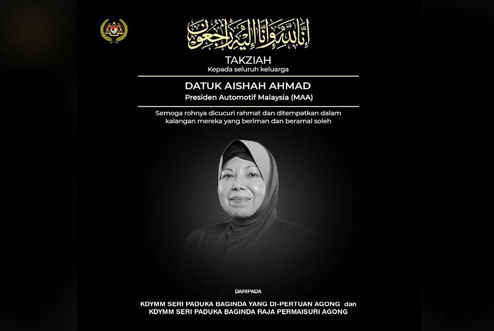 Agong, Raja Permaisuri menzahirkan ucap takziah kepada keluarga Aishah.