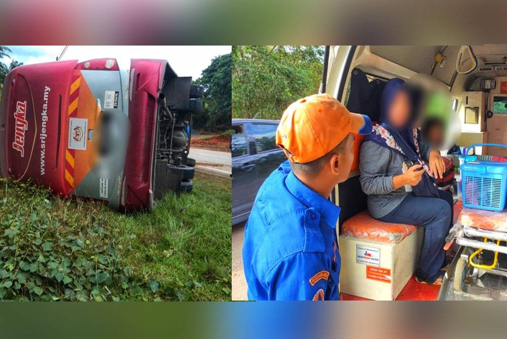 Keadaan bas yang terbalik dalam kemalangan di jalan kilang sawit Jengka 3,Maran pada Sabtu. Dua mangsa yang cedera dihantar ke Hospital Jengka untuk menerima rawatan. -Foto: Ihsan APM