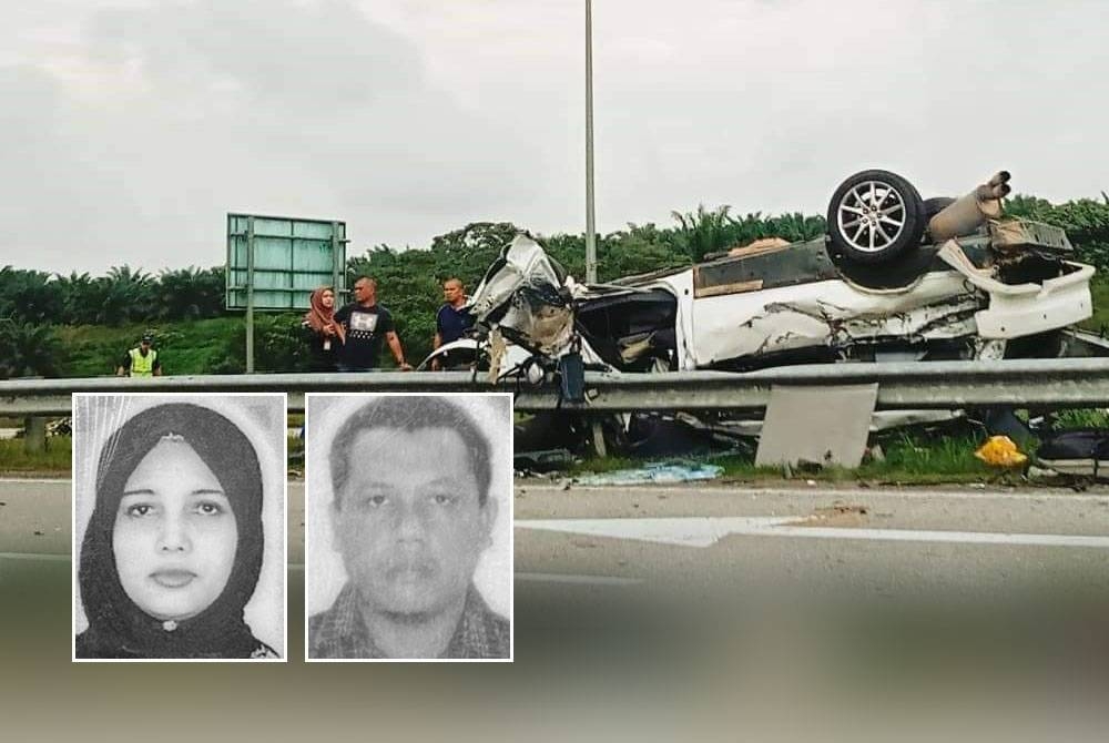 Keadaan kenderaan dinaiki mangsa yang terlibat nahas di kilometer 274 dekat susur keluar Plaza Tol Cheneh, Lebuhraya Pantai Timur 2 (LPT2), di Kemaman kira-kira jam 4 petang pada Sabtu. - Foto tular media sosial, gambar kecil dari kiri: Rosmayati, Arbain