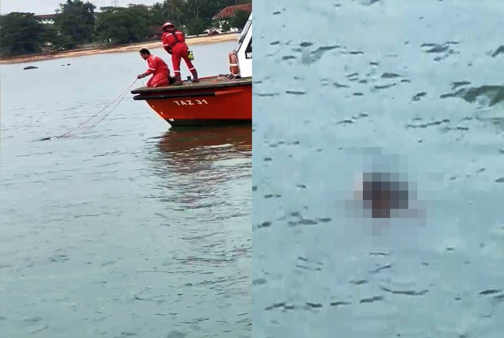 Tangkap layar video penemuan mayat seorang lelaki. (Gambar kanan : Mayat lelaki terapung ditemukan di tengah laut berhampiran Jeti Penumpang Port Dickson.)