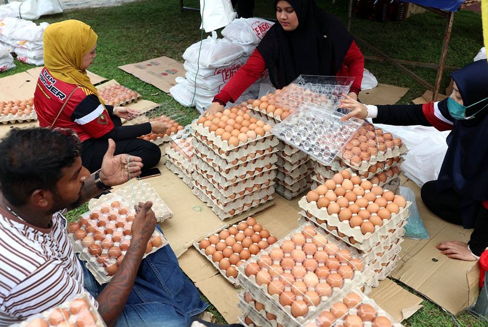 Petugas Jualan Ehsan Rakyat menyusun telur yang diagihkan untuk jualan pada Majlis Pelancaran Jualan Jelajah Ehsan Rakyat (JER) 2.0 di Ampang pada Sabtu. - Foto Bernama.