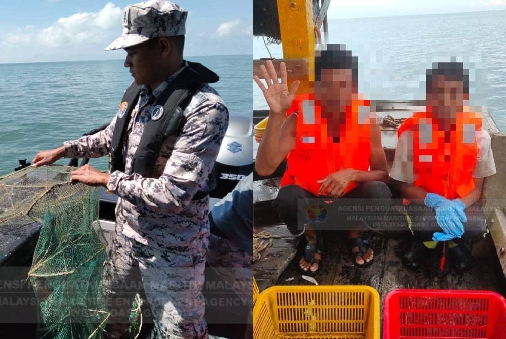 (Gambar kiri) Pegawai Maritim Malaysia rampas bubu naga di perairan Kerian dan Larut Matang pada Sabtu. (Gambar kiri) Dua kru bot ditahan kerana tiada dokumen pengenalan diri yang sah. - Foto ihsan Maritim Malaysia.