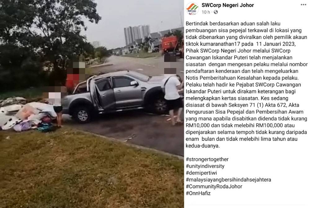 Gambar kiri: Tangkap layar video tular di media sosial. Gambar kanan: Tangkap layar kenyataan dimuat naik di Facebook SwCorp Johor.