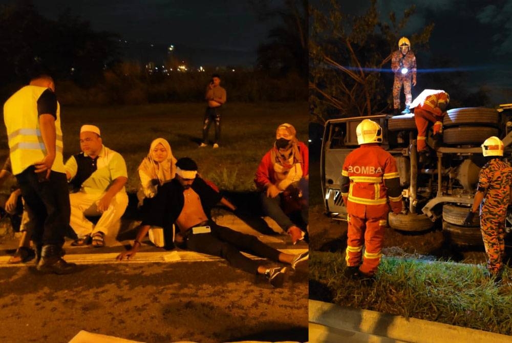 Penumpang yang cedera dibawa ke Hospital Seberang Jaya untuk mendapatkan rawatan lanjut. Gambar kanan: Anggota bomba melakukan pemeriksaan pada bas ekspress yang terbalik.