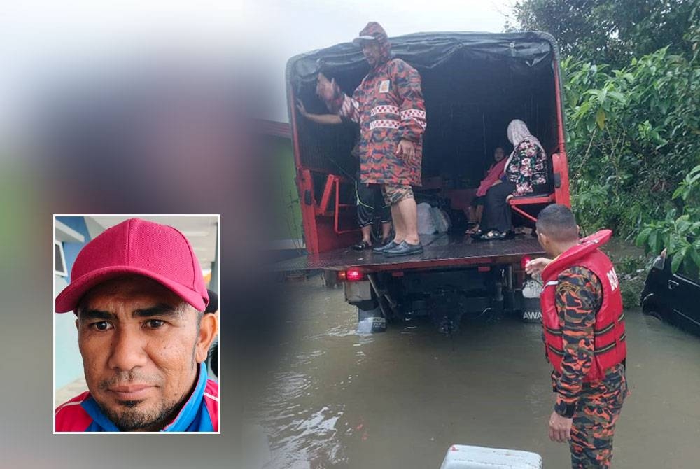 Anggota bomba membantu memindahkan mangsa banjir di sekitar Chendering dan Kampung Pandan ke PPS yang dibuka ekoran bencana banjir yang melanda kawasan itu pada Isnin. Gambar kecil: Mohd Shahairie