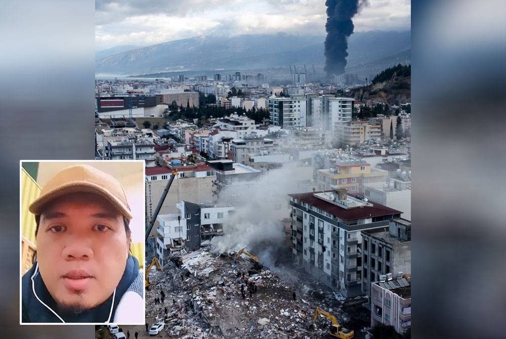 Gambar udara diambil dron menunjukkan kakitangan kecemasan ketika operasi mencari dan menyelamat di tapak bangunan runtuh selepas gempa bumi di Iskenderun, daerah Hatay, Turki pada Selasa. - Foto EPA (Gambar kecil: Tangkap layar video Facebook Dhiya&#039; Urrahman)