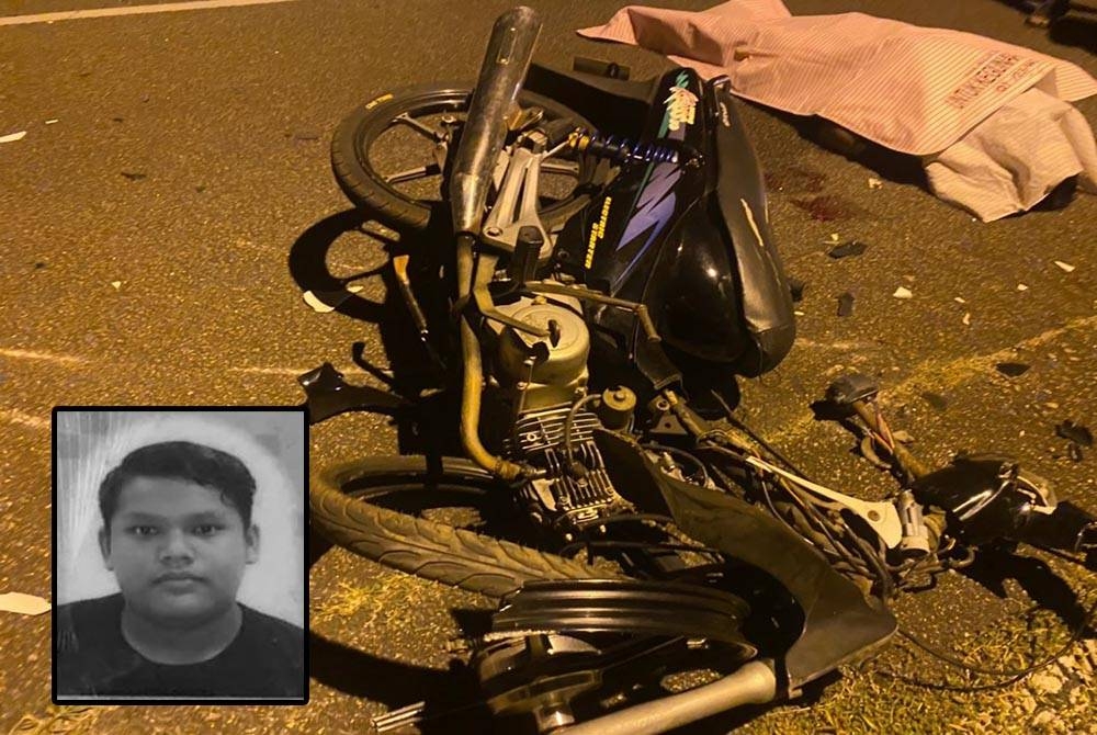 Motosikal Modenas Kriss yang ditunggang Muhammad Azrief (gambar kecil) terlibat dalam kemalangan yang meragut nyawanya. (Gambar kecil : Muhammad Azrief)