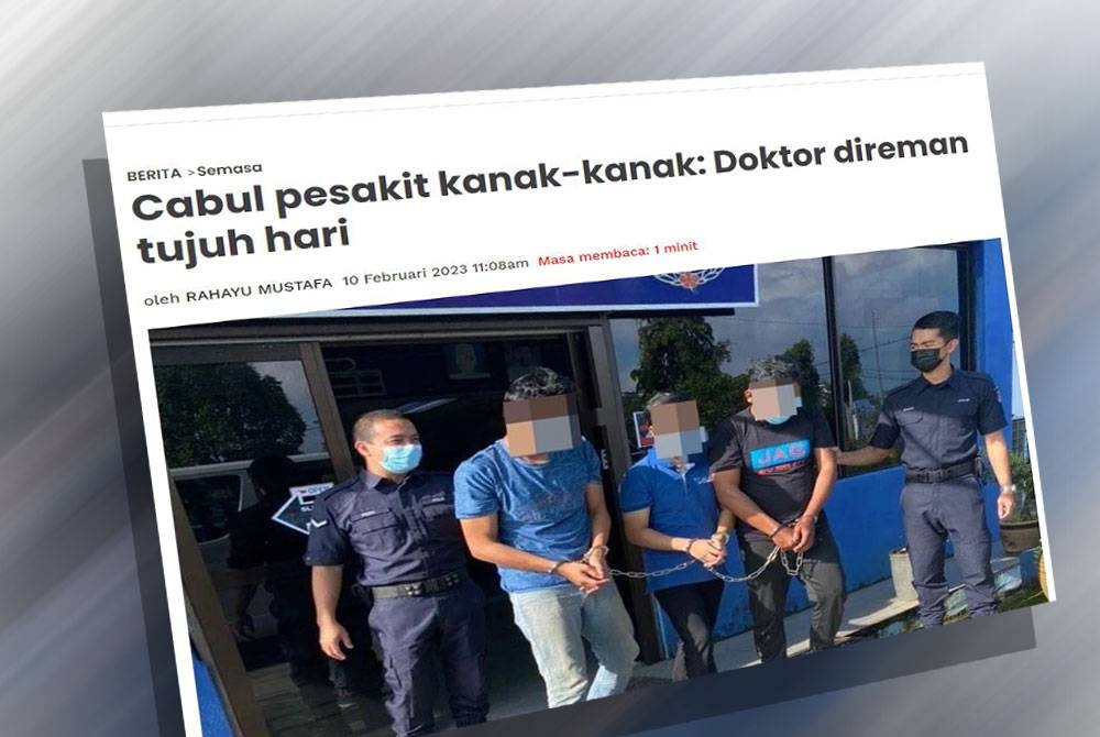 Laporan mengenai suspek (tengah) direman selama tujuh hari bermula Jumaat bagi membantu siasatan kes.