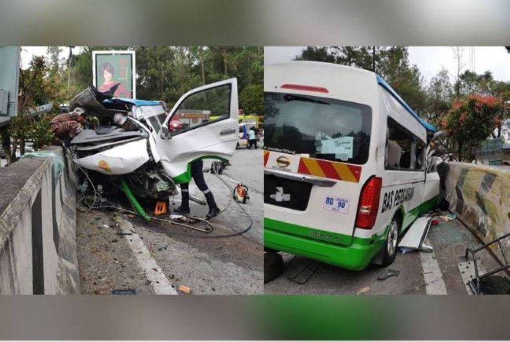 Keadaan van persiaran yang terbabas melanggar penghadang jalan konkrit di KM4.8 Jalan Genting Highlands pada Rabu.