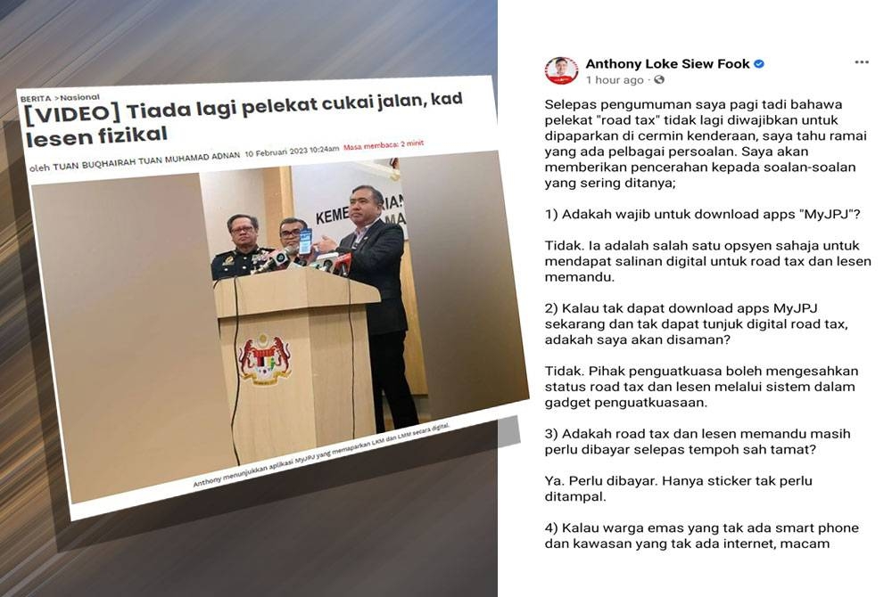 Anthony pada Jumaat mengumumkan Lesen Kenderaan Motor (LKM) dan Lesen Memandu Malaysia (LMM) persendirian milik warganegara kini boleh menggunakan mod paparan digital. Tangkap layar kenyataan di Facebook Anthony pada Jumaat.