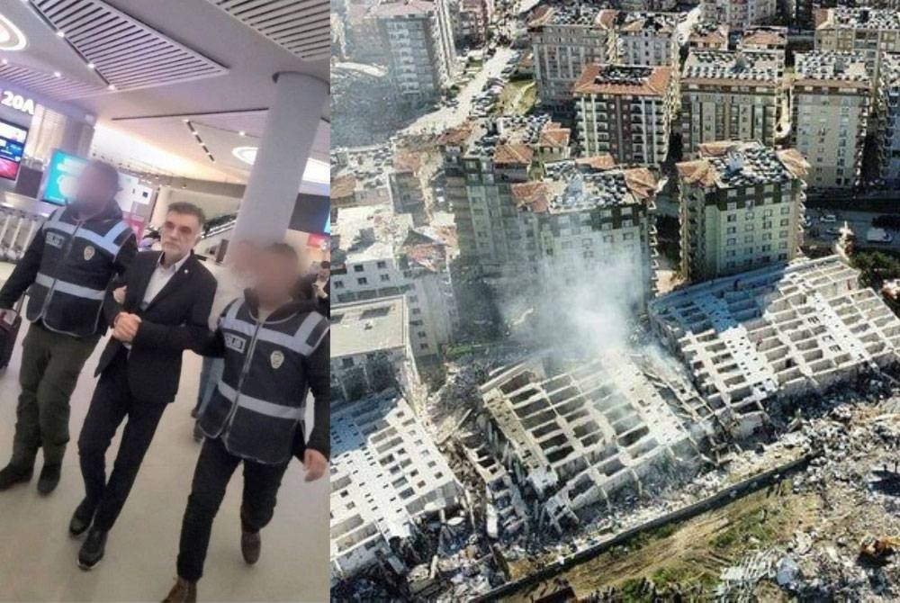 Mehmet Yasar Coskun ditahan di lapangan terbang Istanbul ketika cuba melarikan diri selepas apartmen mewah yang dibinanya runtuh dalam gempa bumi kuat Isnin lalu. - Foto Twitter Nexta_tv